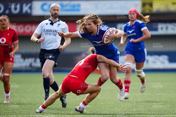 180426 - Wales v France - Guinness Women's Six Nations - Pauline Bourdon Sansus of France is tackled by Jasmine Joyce-Butchers of Wales