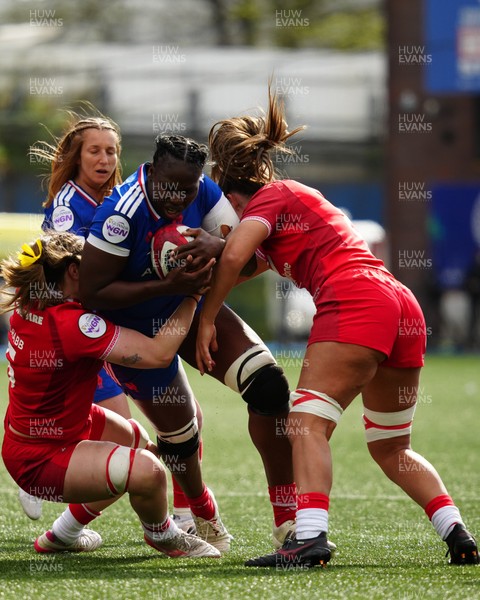 180426 - Wales v France - Guinness Women's Six Nations - Madoussou Fall of France is tackled by Gwen Crabb of Wales and Bryonie King of Wales