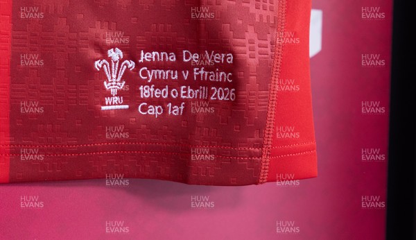 180426 - Wales v France, Guinness Women’s 6 Nations - Jenna De Vera’s match jersey hang in the changing room ahead of her potential debut match 