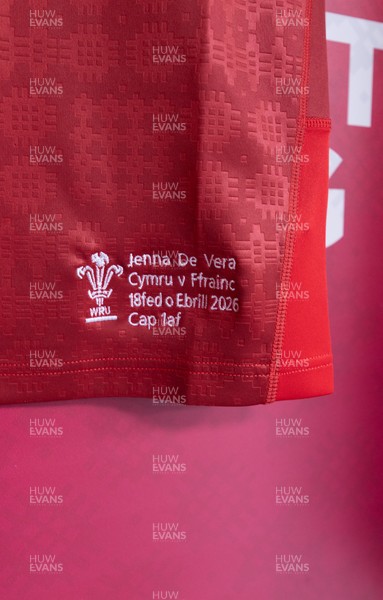 180426 - Wales v France, Guinness Women’s 6 Nations - Jenna De Vera’s match jersey hang in the changing room ahead of her potential debut match 