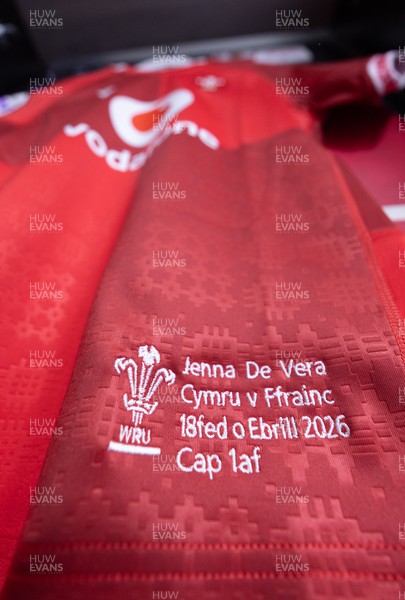 180426 - Wales v France, Guinness Women’s 6 Nations - Jenna De Vera’s match jersey hang in the changing room ahead of her potential debut match 