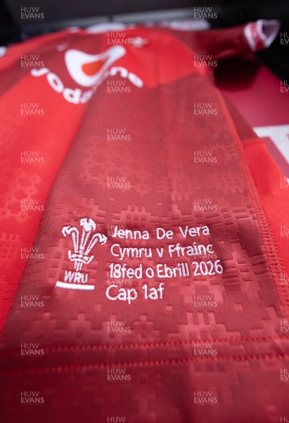 180426 - Wales v France, Guinness Women’s 6 Nations - Jenna De Vera’s match jersey hang in the changing room ahead of her potential debut match 