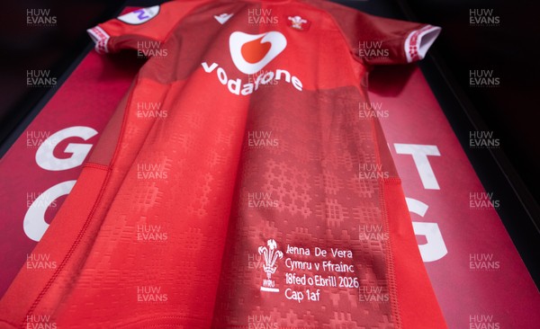 180426 - Wales v France, Guinness Women’s 6 Nations - Jenna De Vera’s match jersey hang in the changing room ahead of her potential debut match 