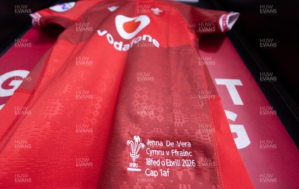 180426 - Wales v France, Guinness Women’s 6 Nations - Jenna De Vera’s match jersey hang in the changing room ahead of her potential debut match 