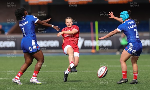 180426 - Wales v France, Guinness Women’s 6 Nations - Lleucu George of Wales kicks ahead