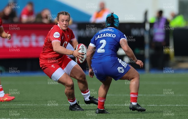 180426 - Wales v France, Guinness Women’s 6 Nations - Lleucu George of Wales  takes on Mathilde Lazarko of France