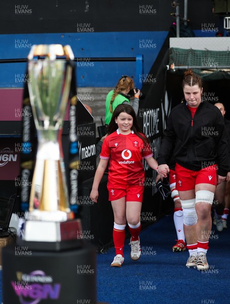 180426 - Wales v France, Guinness Women’s 6 Nations - Wales captain Kate Williams walks out and lines up for the anthem with the match mascot