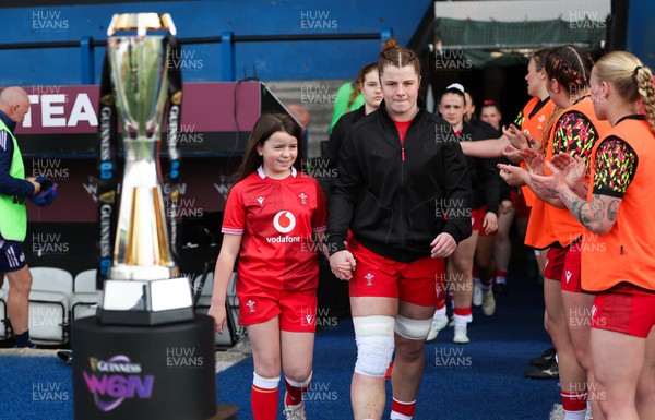 180426 - Wales v France, Guinness Women’s 6 Nations - Wales captain Kate Williams walks out and lines up for the anthem with the match mascot