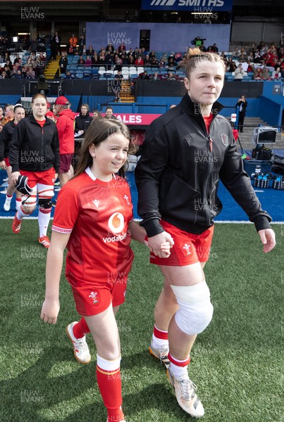 180426 - Wales v France, Guinness Women’s 6 Nations - Wales captain Kate Williams walks out and lines up for the anthem with the match mascot