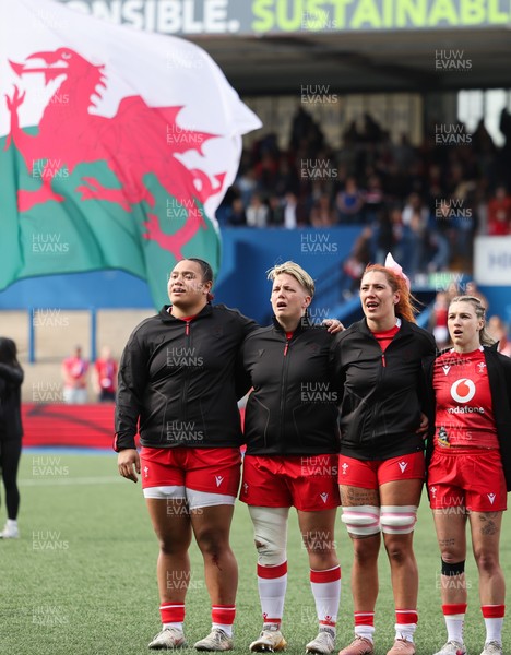 180426 - Wales v France, Guinness Women’s 6 Nations - Sisilia Tuipulotu, Donna Rose, Georgia Evans, Keira Bevan of Wales line up for the anthem