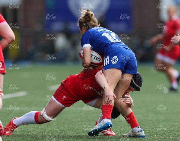 180426 - Wales v France, Guinness Women’s 6 Nations - Carla Arbez of France is tackled by Bethan Lewis of Wales