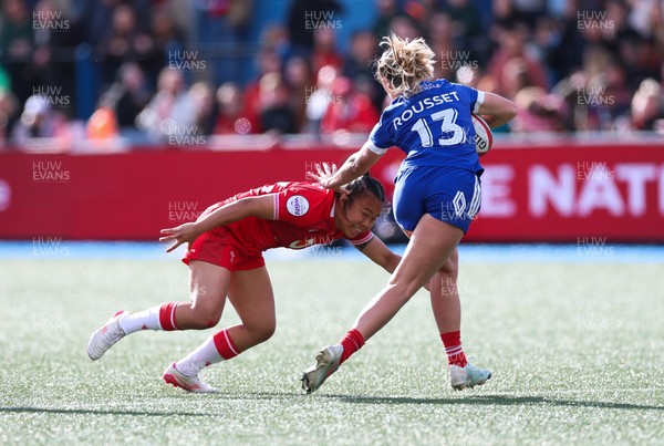 180426 - Wales v France, Guinness Women’s 6 Nations - Aubane Rousset of France is tackled by Jenna De Vera of Wales
