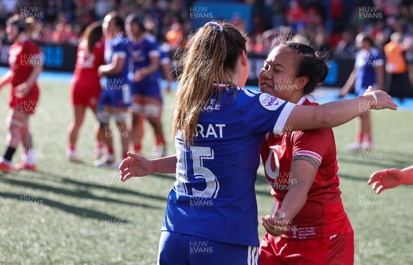 180426 - Wales v France, Guinness Women’s 6 Nations - Jenna De Vera of Wales with Pauline Barrat of France 