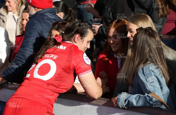 180426 - Wales v France, Guinness Women’s 6 Nations - Branwen Metcalfe of Wales with family, friends and supporters at the end of the match 