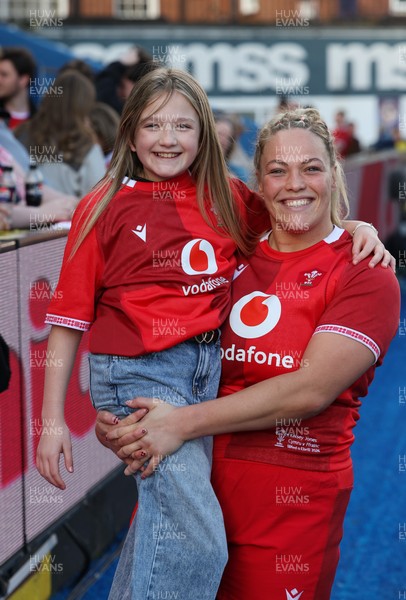 180426 - Wales v France, Guinness Women’s 6 Nations - Kelsey Jones of Wales with family, friends and supporters at the end of the match 