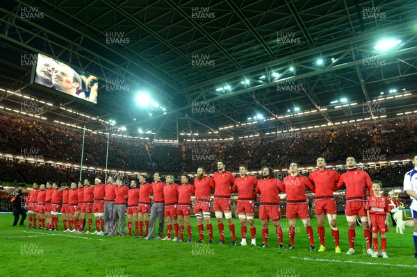 210214 - Wales v France - RBS 6 Nations -Wales players line up for the national anthems