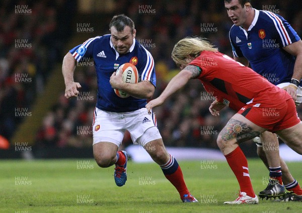 210214 Wales v France - RBS 6 Nations -Nicolas Mas of France takes on Richard Hibbard of Wales