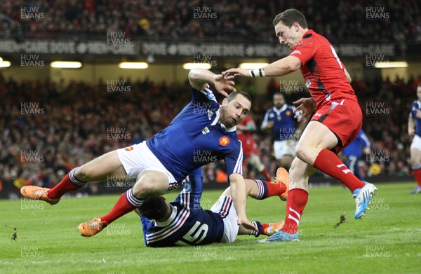 210214 - Wales v France, RBS Six Nations 2014 - Jean-Marc Doussain of France and Brice Dulin of France collide allowing George North of Wales to dive in to score try