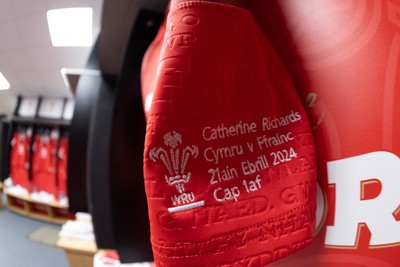 210424 - Wales v France, Guinness Women’s 6 Nations - Catherine Richards Wales match jersey hangs in the changing room ahead of the match