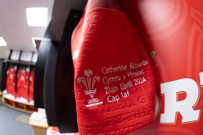 210424 - Wales v France, Guinness Women’s 6 Nations - Catherine Richards Wales match jersey hangs in the changing room ahead of the match