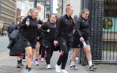 210424 - Wales v France, Guinness Women’s 6 Nations - Captain Hannah Jones leads the Wales team as they walk from the hotel to the ground ahead of the match