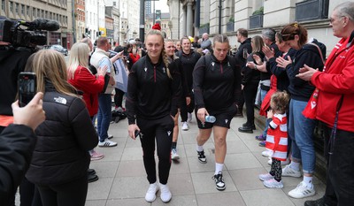 210424 - Wales v France, Guinness Women’s 6 Nations - Captain Hannah Jones leads the Wales team as they walk from the hotel to the ground ahead of the match