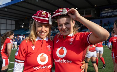 210424 - Wales v France, Guinness Women’s 6 Nations - Catherine Richards and Mollie Wilkinson of Wales with their first caps at the end of the match