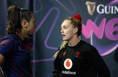 210424 - Wales v France, Guinness Women’s 6 Nations - Hannah Jones of Wales and Manae Feleu of France at the coin toss ahead of the match