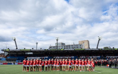 210424 - Wales v France, Guinness Women’s 6 Nations - The Welsh team line up for the anthems