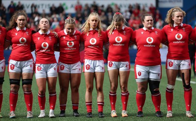 210424 - Wales v France, Guinness Women’s 6 Nations - The Wales team line up for the anthems