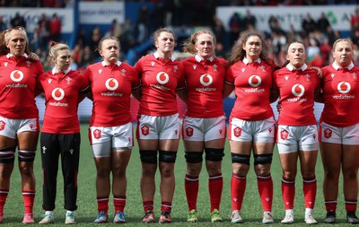 210424 - Wales v France, Guinness Women’s 6 Nations - The Wales team line up for the anthems