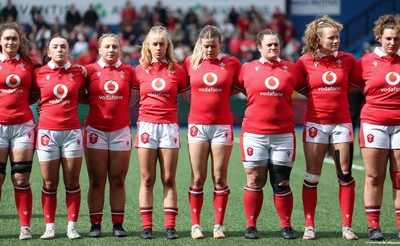 210424 - Wales v France, Guinness Women’s 6 Nations - The Wales team line up for the anthems