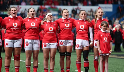 210424 - Wales v France, Guinness Women’s 6 Nations - The Wales team line up for the anthems