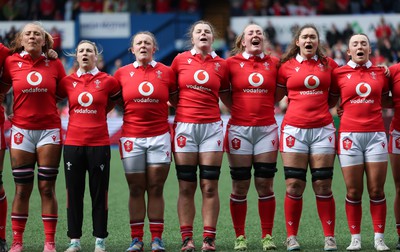 210424 - Wales v France, Guinness Women’s 6 Nations - The Wales team line up for the anthems