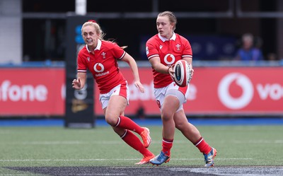 210424 - Wales v France, Guinness Women’s 6 Nations - Lleucu George of Wales and Hannah Jones of Wales