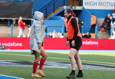 210424 - Wales v France, Guinness Women’s 6 Nations - Lois Drummie works with Mollie Wilkinson of Wales