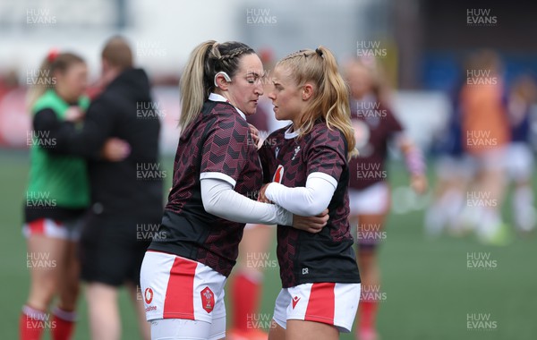 210424 - Wales v France, Guinness Women’s 6 Nations - Courtney Keight of Wales and Catherine Richards of Wales during warm up