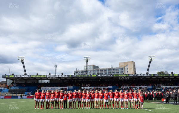 210424 - Wales v France, Guinness Women’s 6 Nations - The Welsh team line up for the anthems