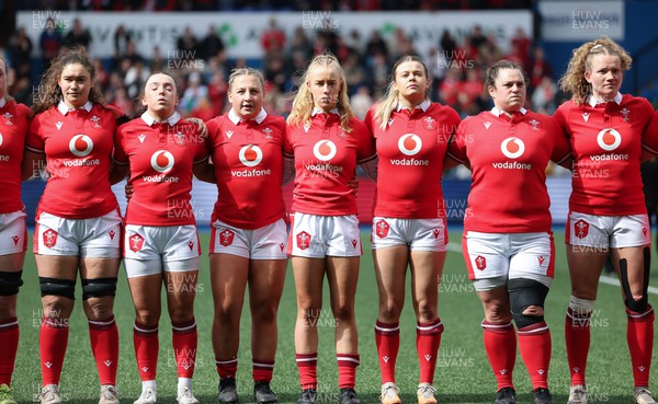 210424 - Wales v France, Guinness Women’s 6 Nations - The Wales team line up for the anthems