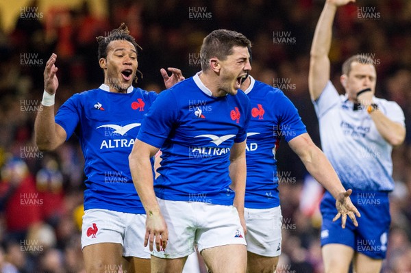 220220 - Wales v France - Guinness Six Nations - Anthony Bouthier of France celebrates scoring the first try 