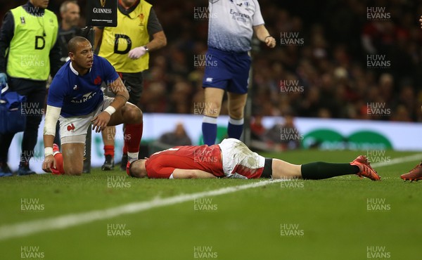 220220 - Wales v France - Guinness 6 Nations - George North of Wales lies on the ground before being taken off the field