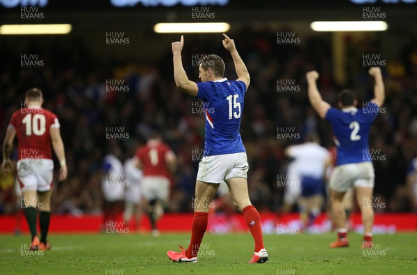 220220 - Wales v France - Guinness 6 Nations - Anthony Bouthier of France celebrates as Romain Ntamack runs in a try