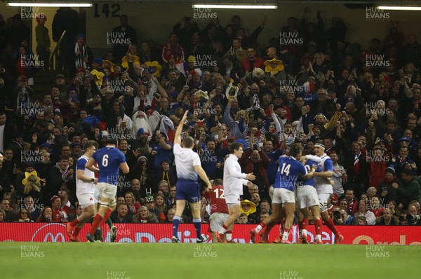 220220 - Wales v France - Guinness 6 Nations - Romain Ntamack of France celebrates with team mates after scoring a try