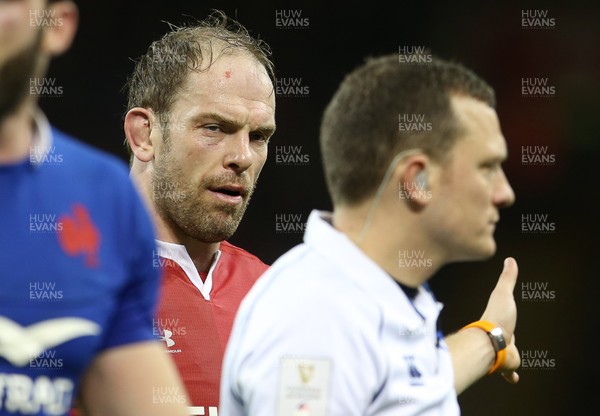 220220 - Wales v France - Guinness 6 Nations - Alun Wyn Jones of Wales gives Referee Matthew Carley a look