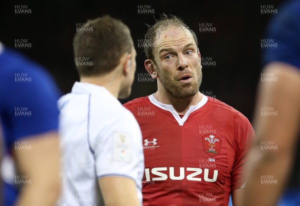 220220 - Wales v France - Guinness 6 Nations - Alun Wyn Jones of Wales gives Referee Matthew Carley a look