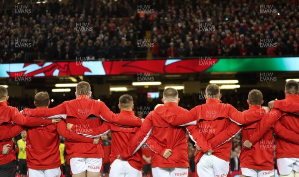 220220 - Wales v France, Guinness Six Nations Championship 2020 - The Wales team line up for the National anthem