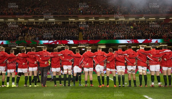 220220 - Wales v France, Guinness Six Nations Championship 2020 - The Wales team line up for the National anthem
