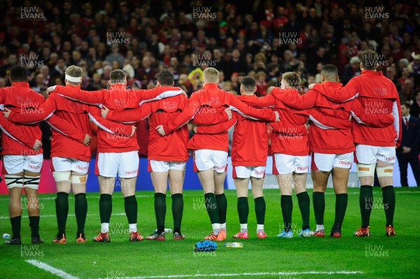 220220 - Wales v France - Guinness Six Nations -  Welsh team during the anthems