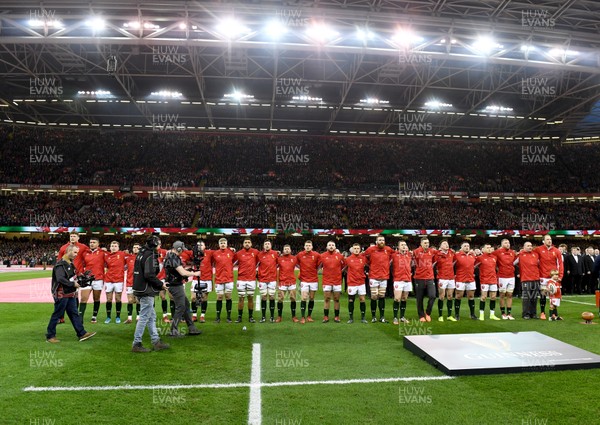 220220 - Wales v France - Guinness Six Nations - The Welsh team during the anthems