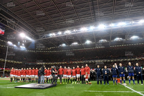220220 - Wales v France - Guinness Six Nations - The Welsh team and officials during the anthems